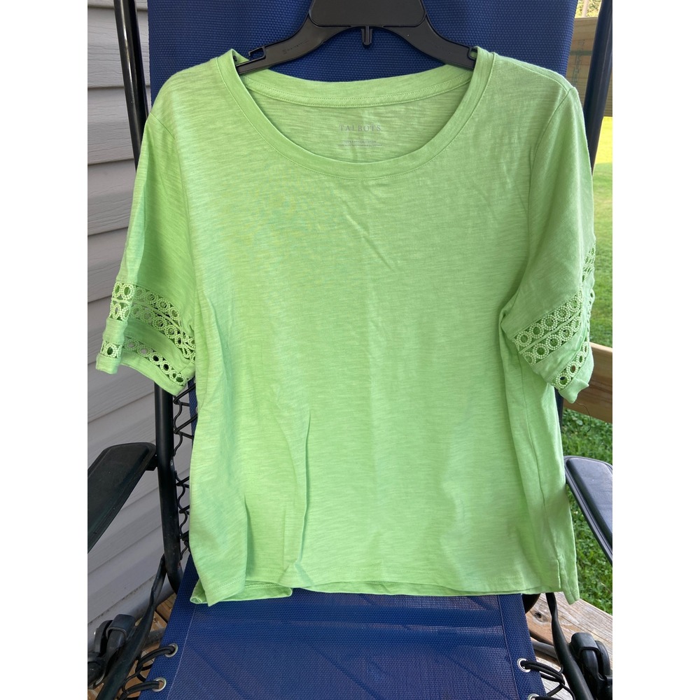 Talbots Womens L Lime Green Eyelet Sleeve Slub Cotton Tee Shirt NWT 382490